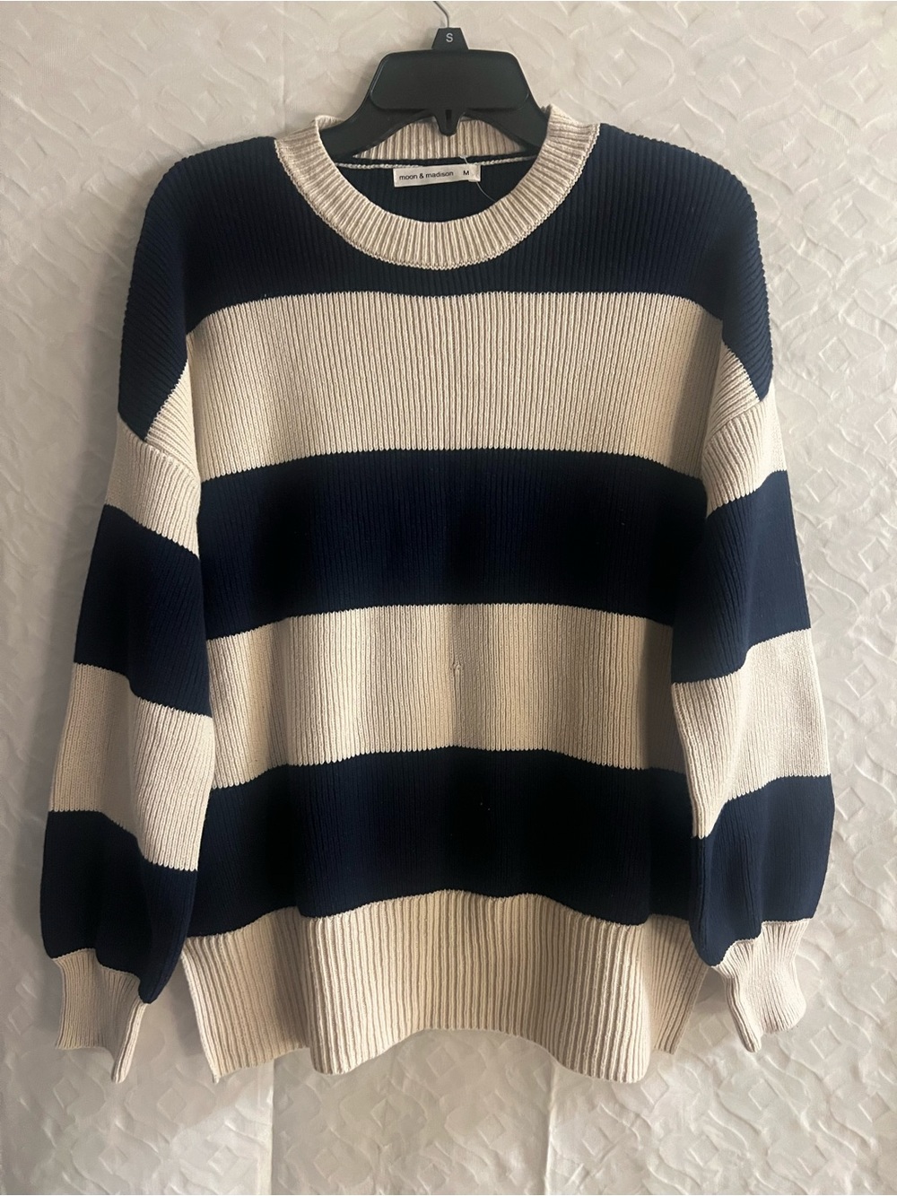 moon & madison Navy and Cream Wide-Striped Ribbed Crewneck Sweater